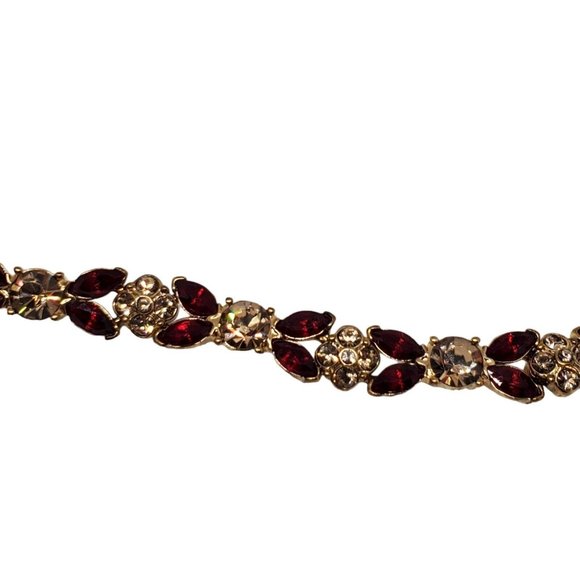 Vintage MONET Bracelet 7 1/2" Red Clear Crystals Gold Tone Metal Link Signed - Picture 8 of 11